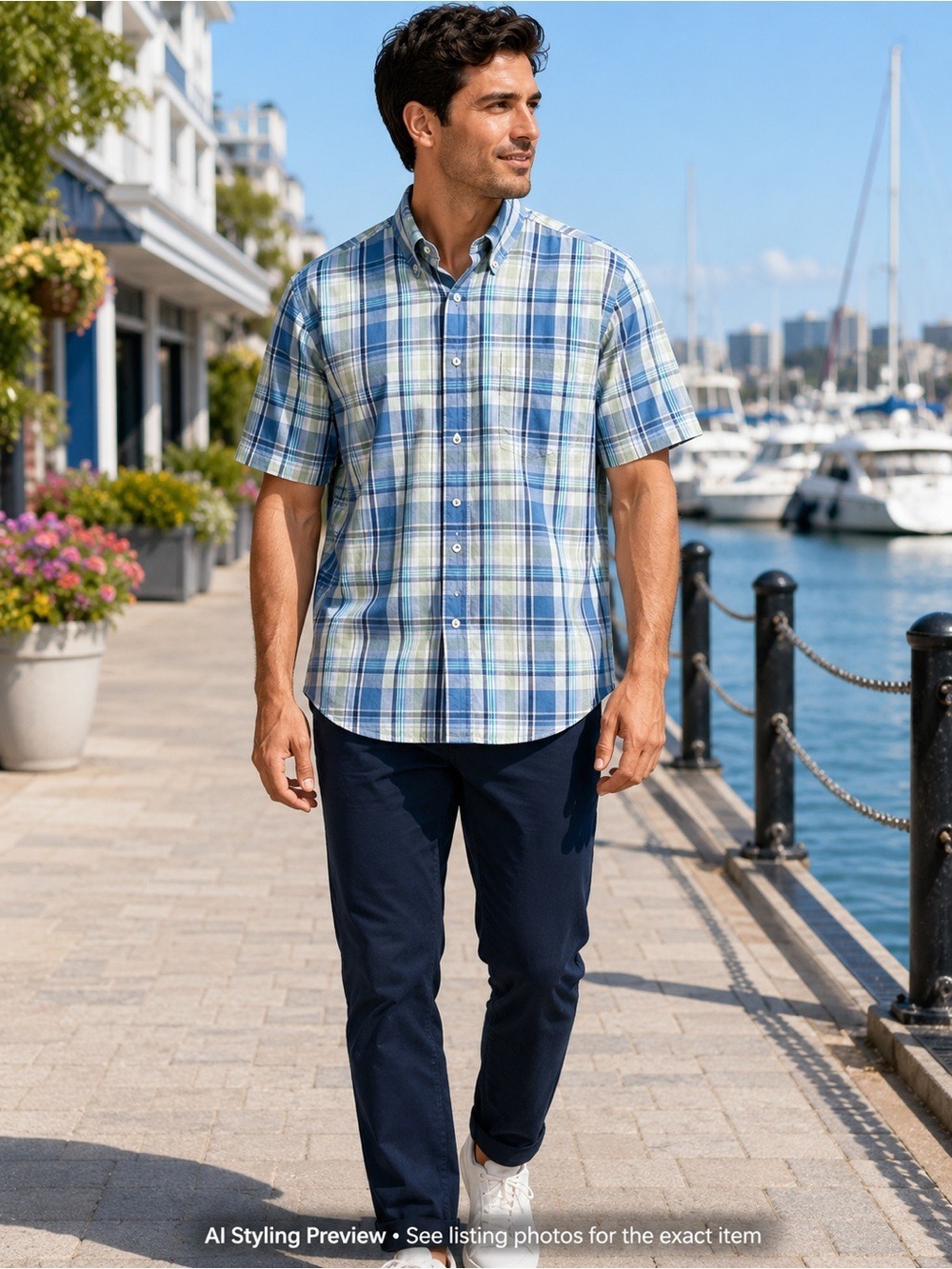 Viyella Men’s M Blue Green Plaid Cotton Button Down Short Sleeve Shirt